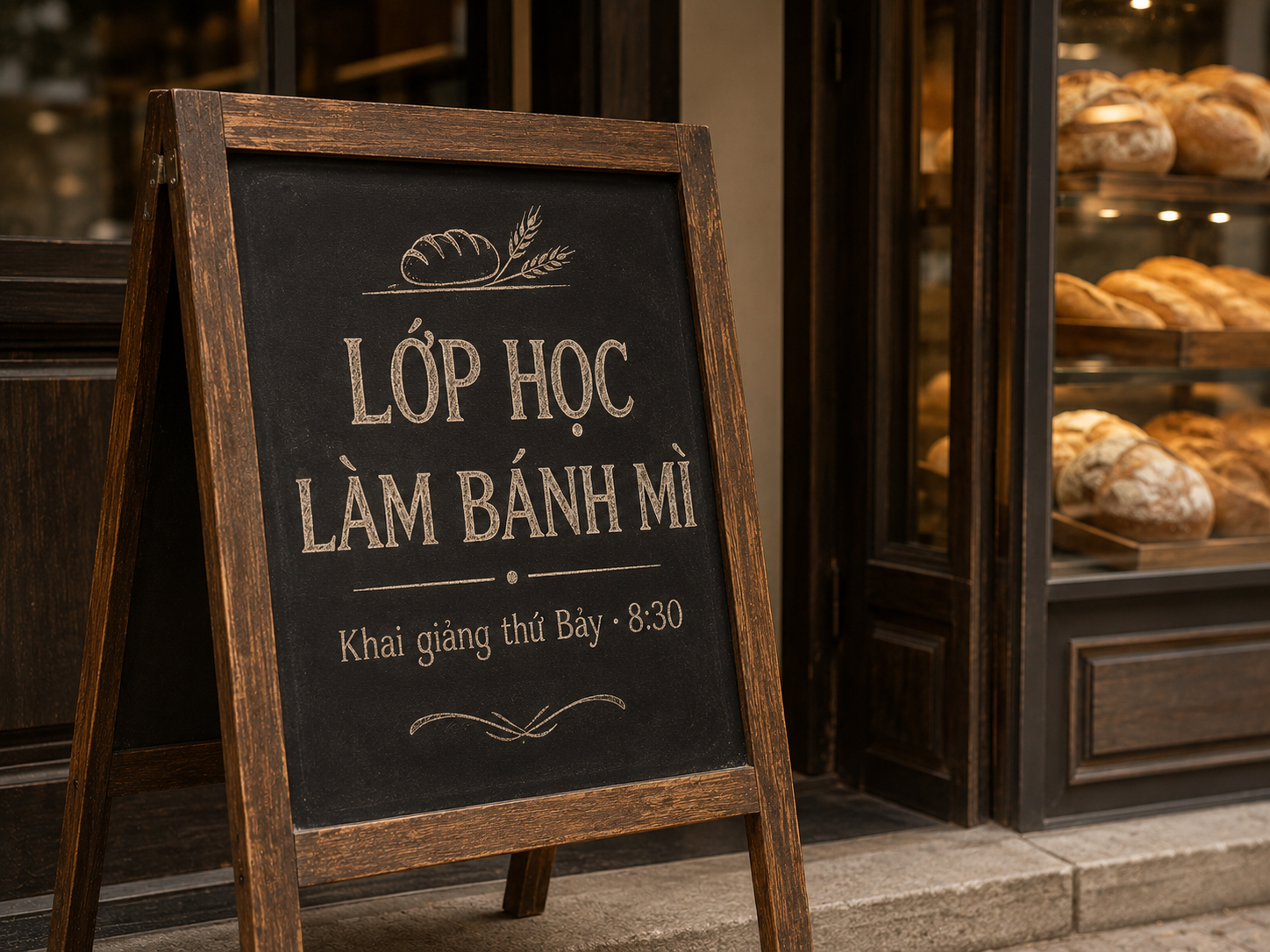 Bảng hiệu gỗ đặt trước lối vào xưởng bánh với dòng chữ tiếng Việt giới thiệu lớp học
